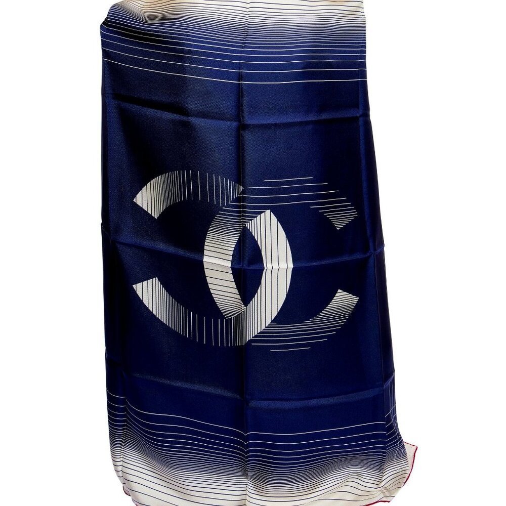 CHANEL BLUE SILK CC LOGO SHAWL
